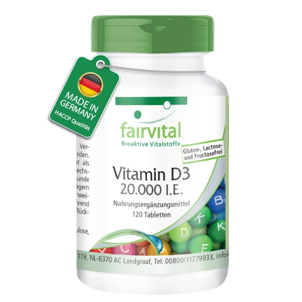 Vitamin D3 20000 I.E. - 120 Tabletten - Schluckfreundlich - Für Immunsystem; Zellteilung uvm. | Fairvital